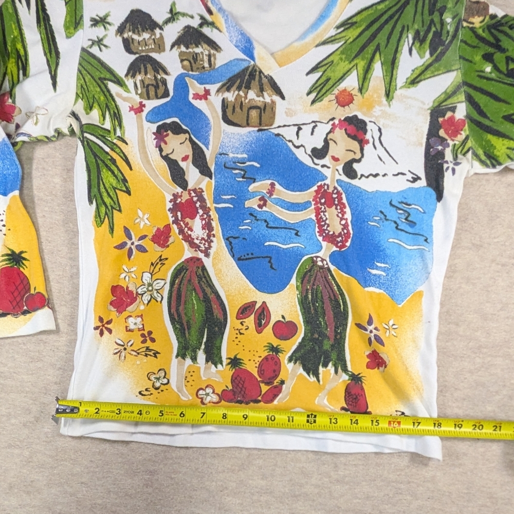 Chico's Tropical Hula Vintage Cotton Print V-Neck 3/4 Sleeves Fun!! Shirt Size L - Picture 3 of 9